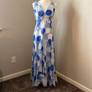 Vintage 1960’s Blue and White Plunge Neck Sleeveless Maxi Dress